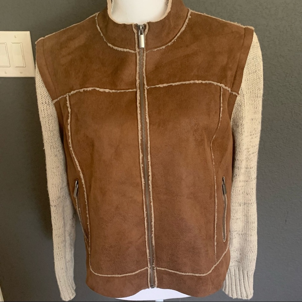 Brown Suede Bomber Jacket with Knit Sleeves